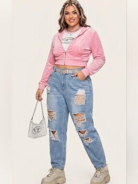 SHEIN Curve Distressed Ripped High Waisted Boyfriend Jeans Blue Size 2X